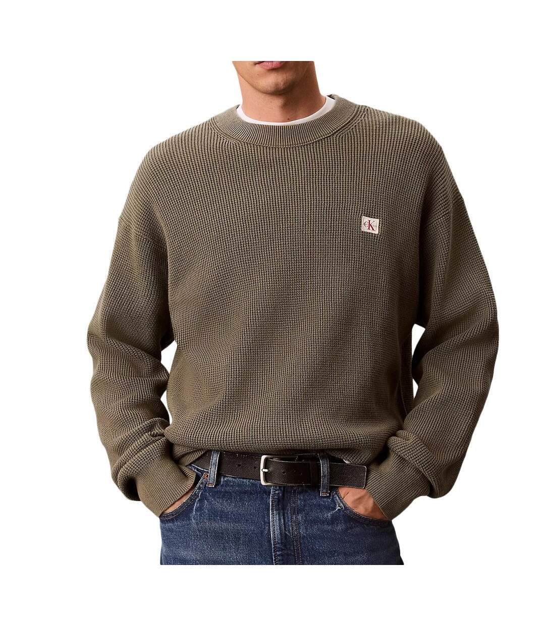 Sweat vert homme calvin klein jeans waffle badgeses-1