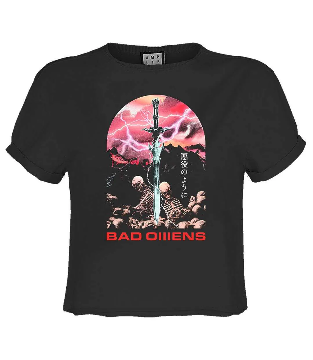 Womens/ladies Fantasy Sword Bad Omens Crop T-shirt Charcoal Amplified-1