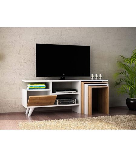 Meuble TV avec 3 niches de rangement 1 porte abattante et 3 tables d'appoint encastrable en panneaux de particules - Beige et blanc