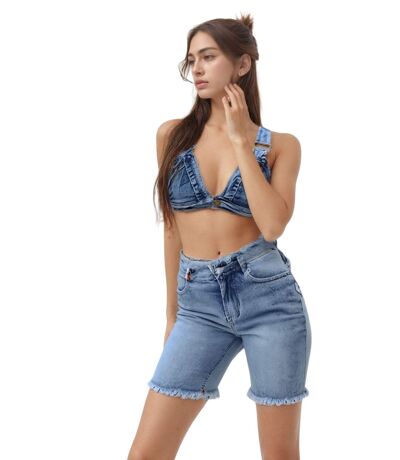 Bermuda femme en jean frangé - Stone clair - Coupe ajustée - Taille haute