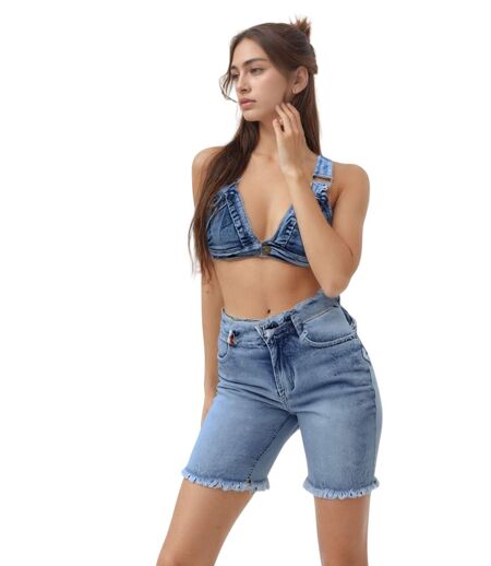 Bermuda femme en jean frangé - Stone clair - Coupe ajustée - Taille haute