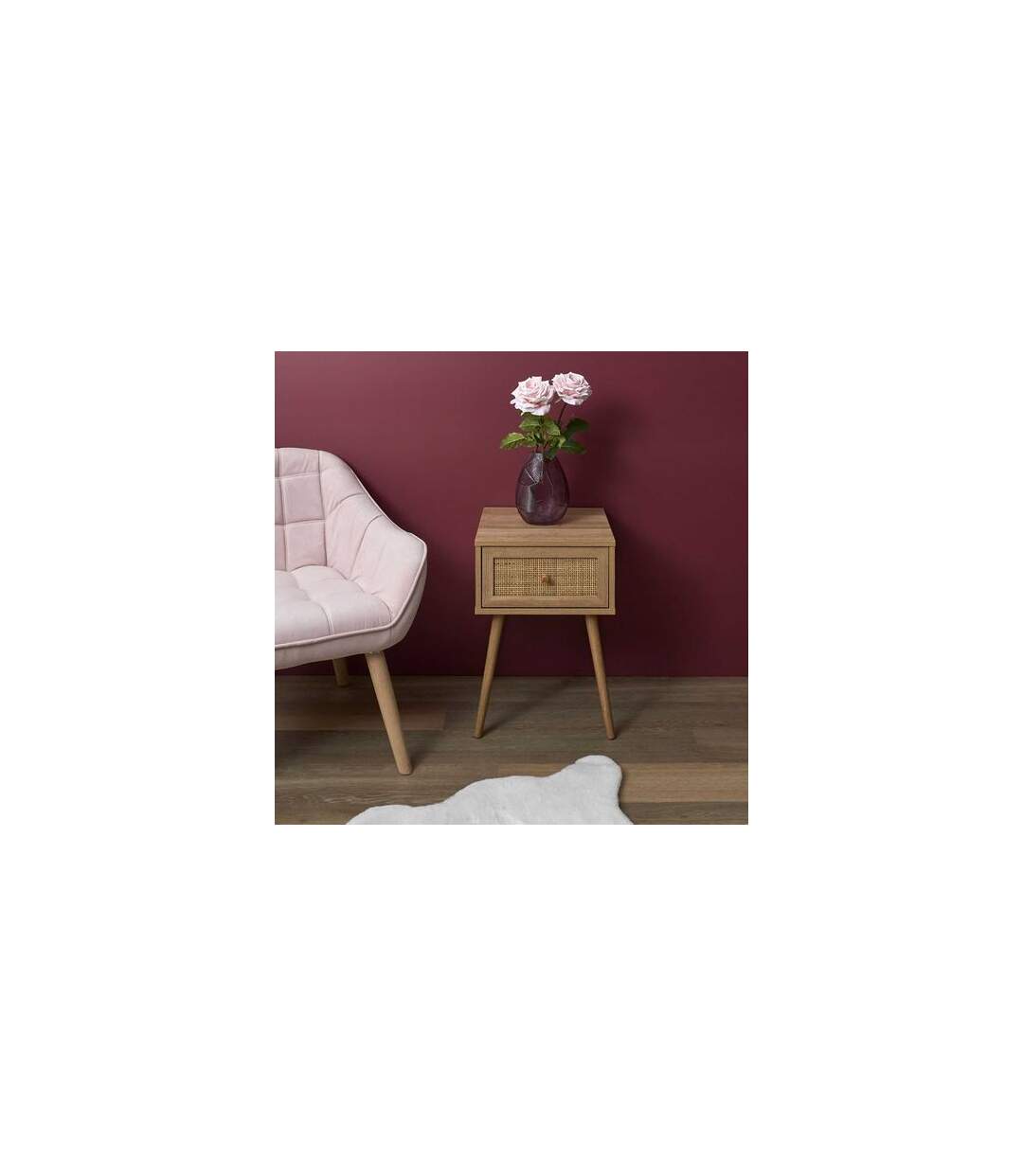 Table de chevet Bali avec 1 tiroir en rotin et panneaux de particules - Beige-5