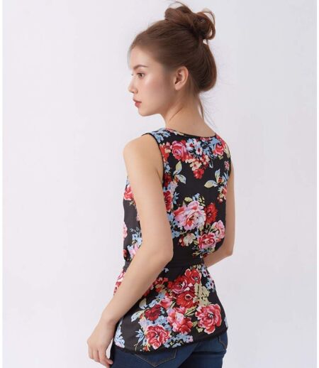Blouse féminine sans manches à bretelles larges - Motif floral chic - Col rond