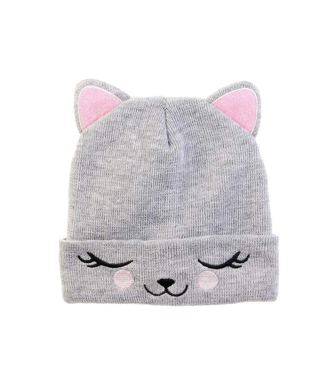 Bonnet Enfant Chat 21cm Gris & Rose-1