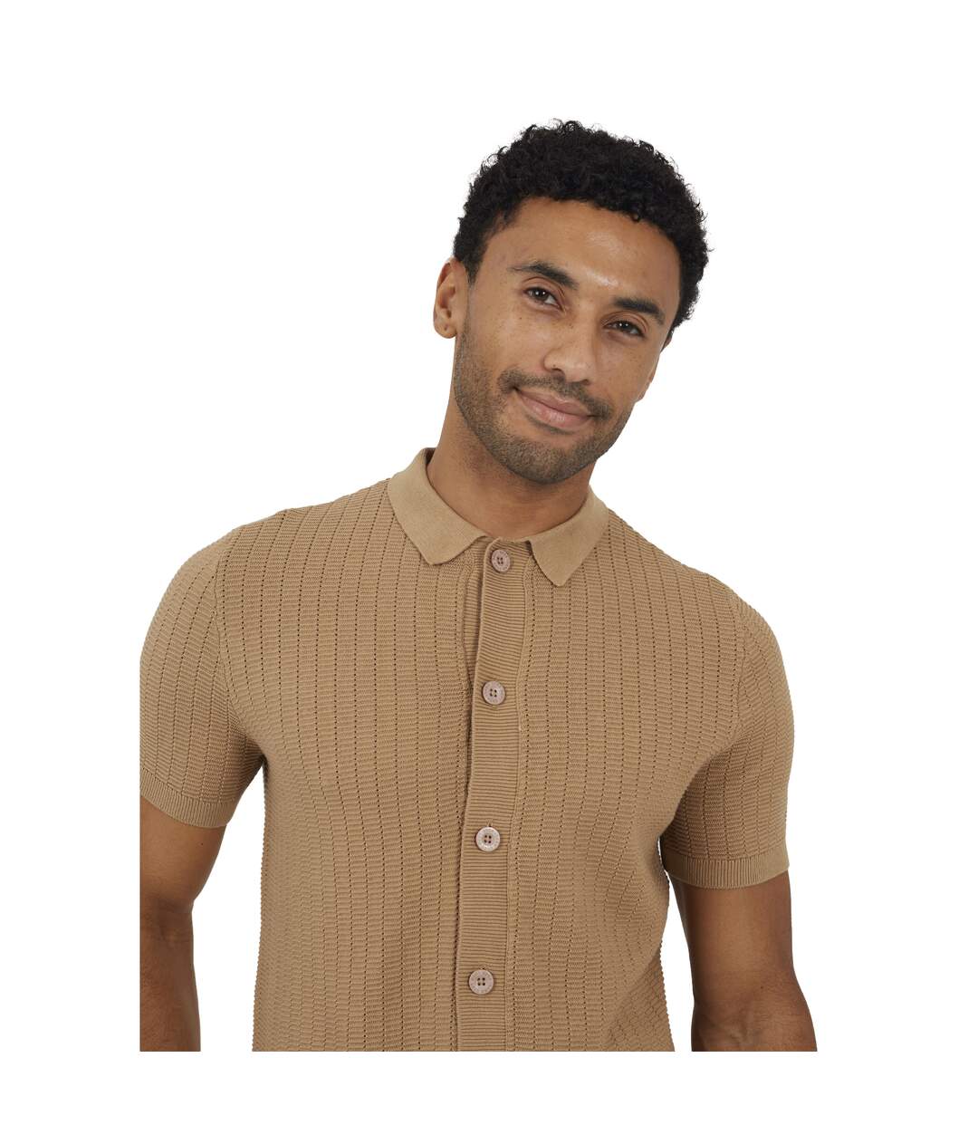 Mens Cotton Button-down Short-sleeved Polo Shirt Tan Brave Soul-4