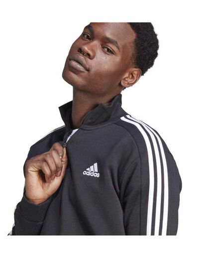 Mens 3 Stripes Quarter Zip Long-sleeved Sweatshirt Black White Adidas