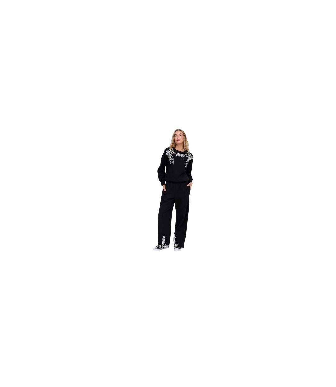 Womens/ladies Embroidered Crew Neck Long-sleeved Sweatshirt Black Raffya-1