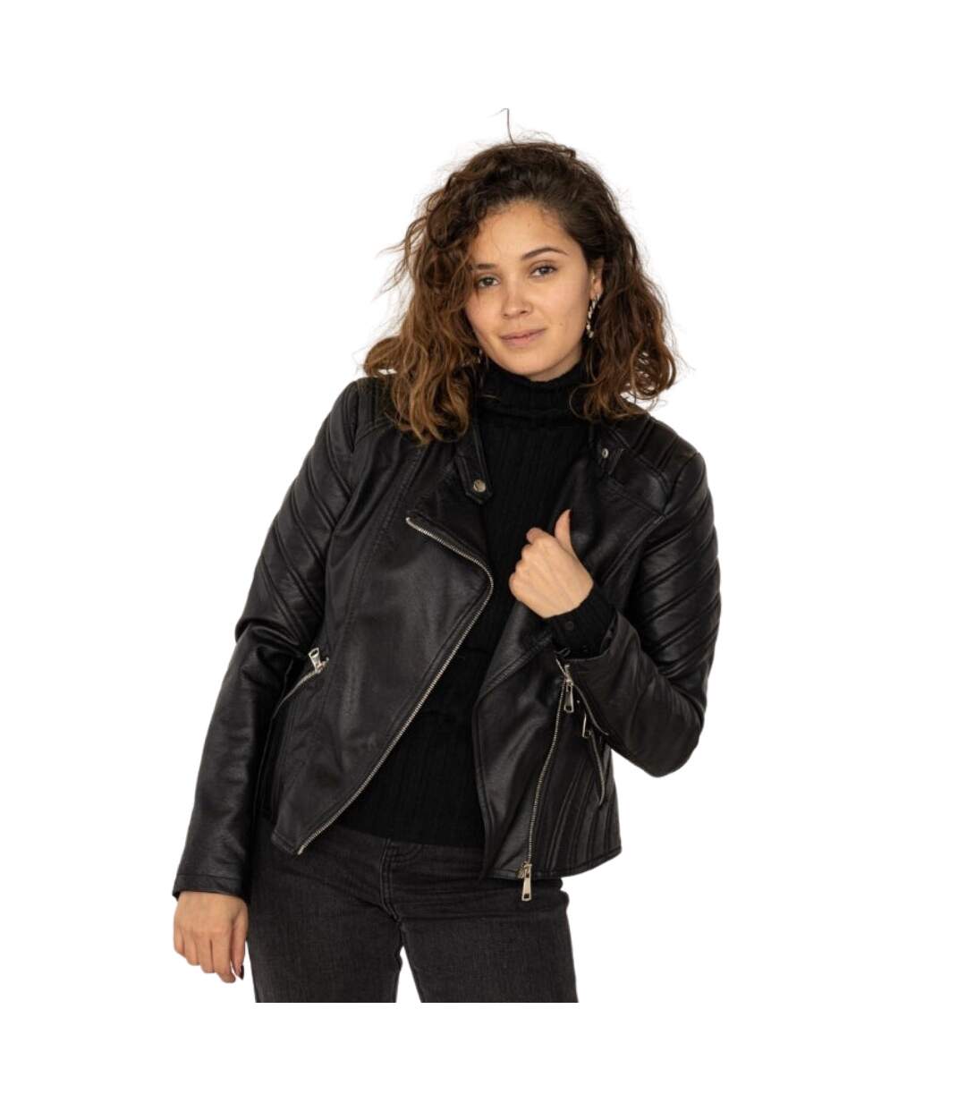 Blouson femme manches longues de couleur noir - PVC imitation cuir