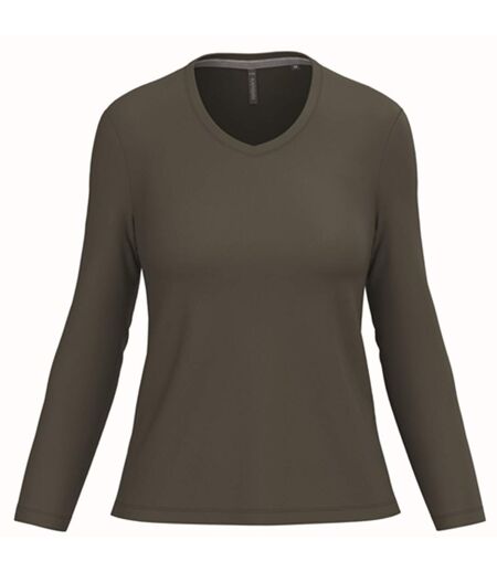 T-shirt manches longues col V - Femme - K382 - vert khaki