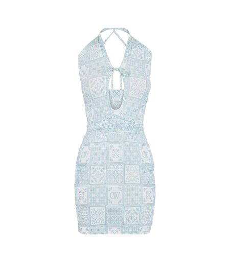Womens/ladies Bandana Print Mini Dress Blue White Off White