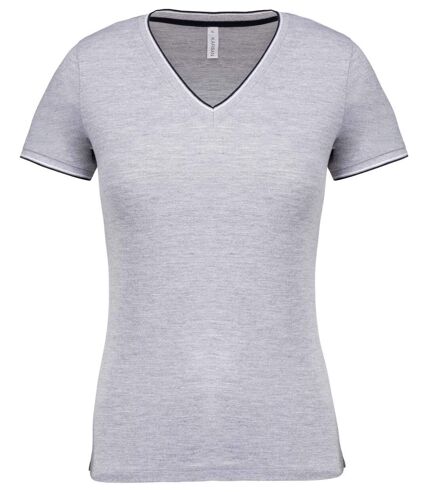 T-shirt manches courtes coton piqué col V K394 - gris chiné - femme