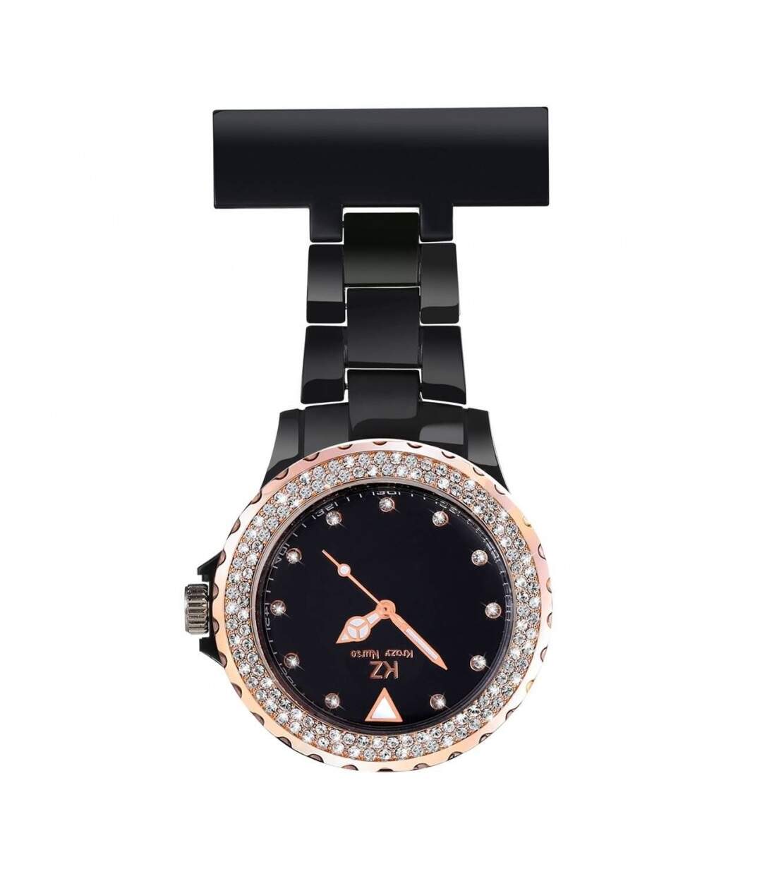 Jolie Montre Infirmière Plastique Noir Rosé Strass KRAZY 35