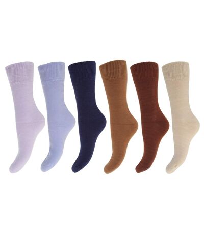 FLOSO Ladies/Womens Premium Quality Multipack Thermal Socks, Double Brushed Inside (Pack Of 6) (Brown/Blue Shades) - UTW142