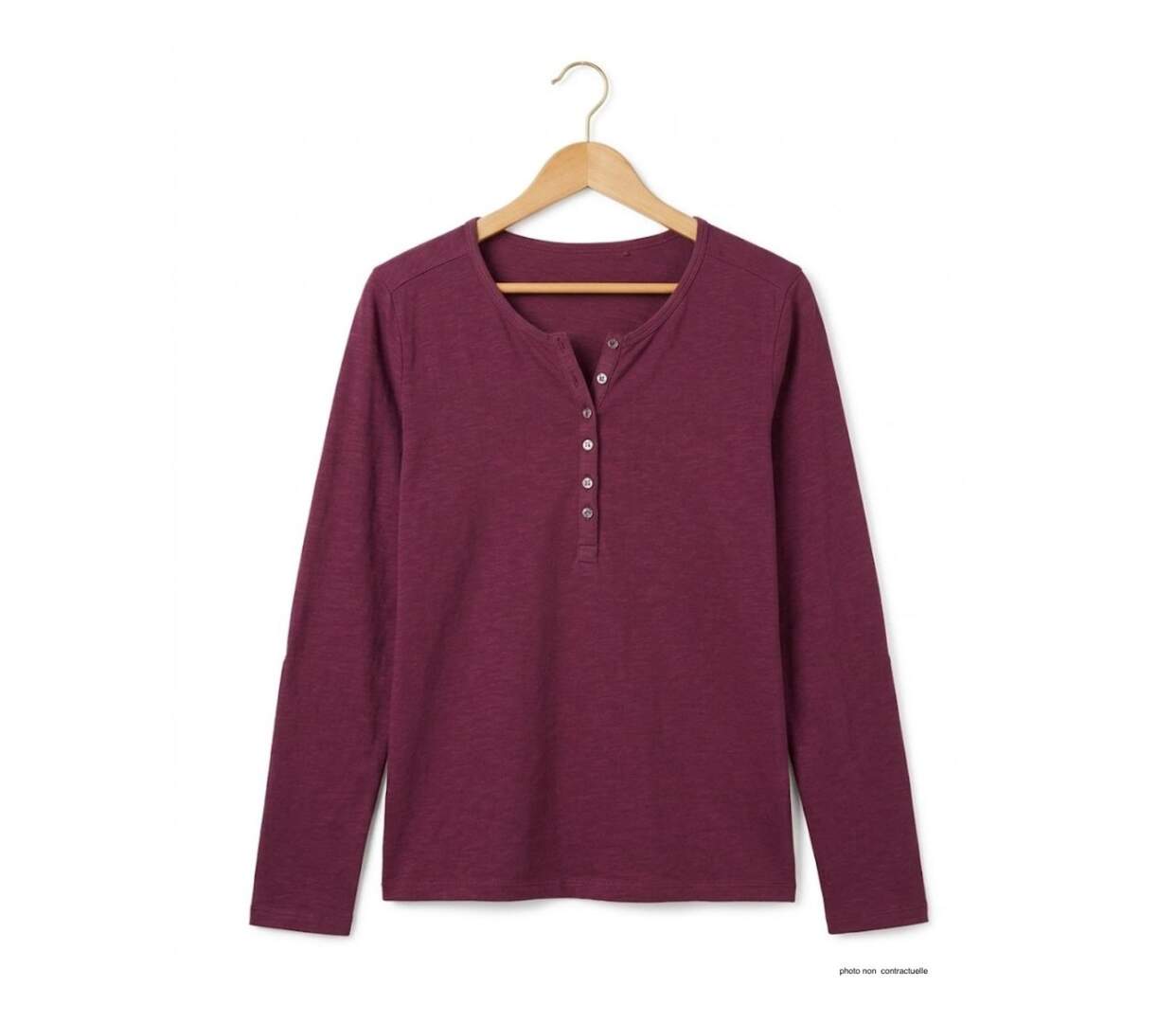 MAYFLOWER NINON4 : Tee-shirt manches longues prune en coton flammé avec patte boutonnée-2