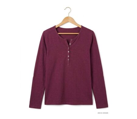 MAYFLOWER NINON4 : Tee-shirt manches longues prune en coton flammé avec patte boutonnée