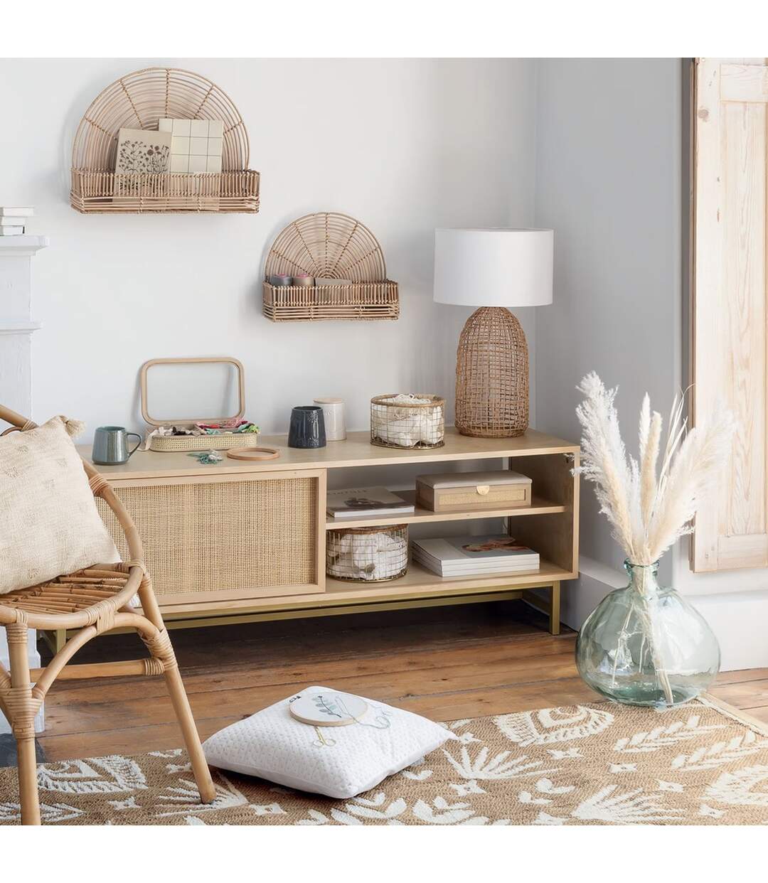 Meuble TV 1 porte en bois et cannage RAYO - Beige-2