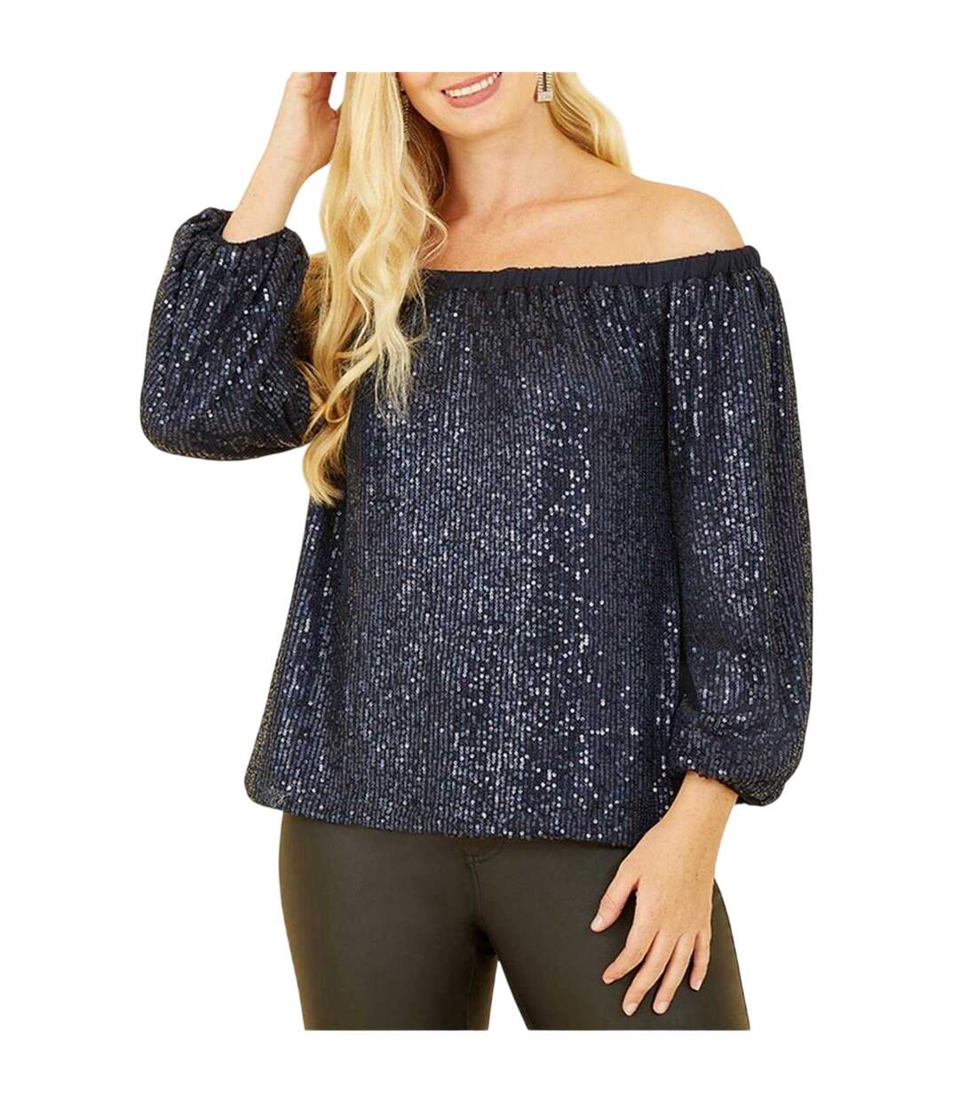 Womens/ladies Sequin Off-the-shoulder Blouse Navy Yumi-1