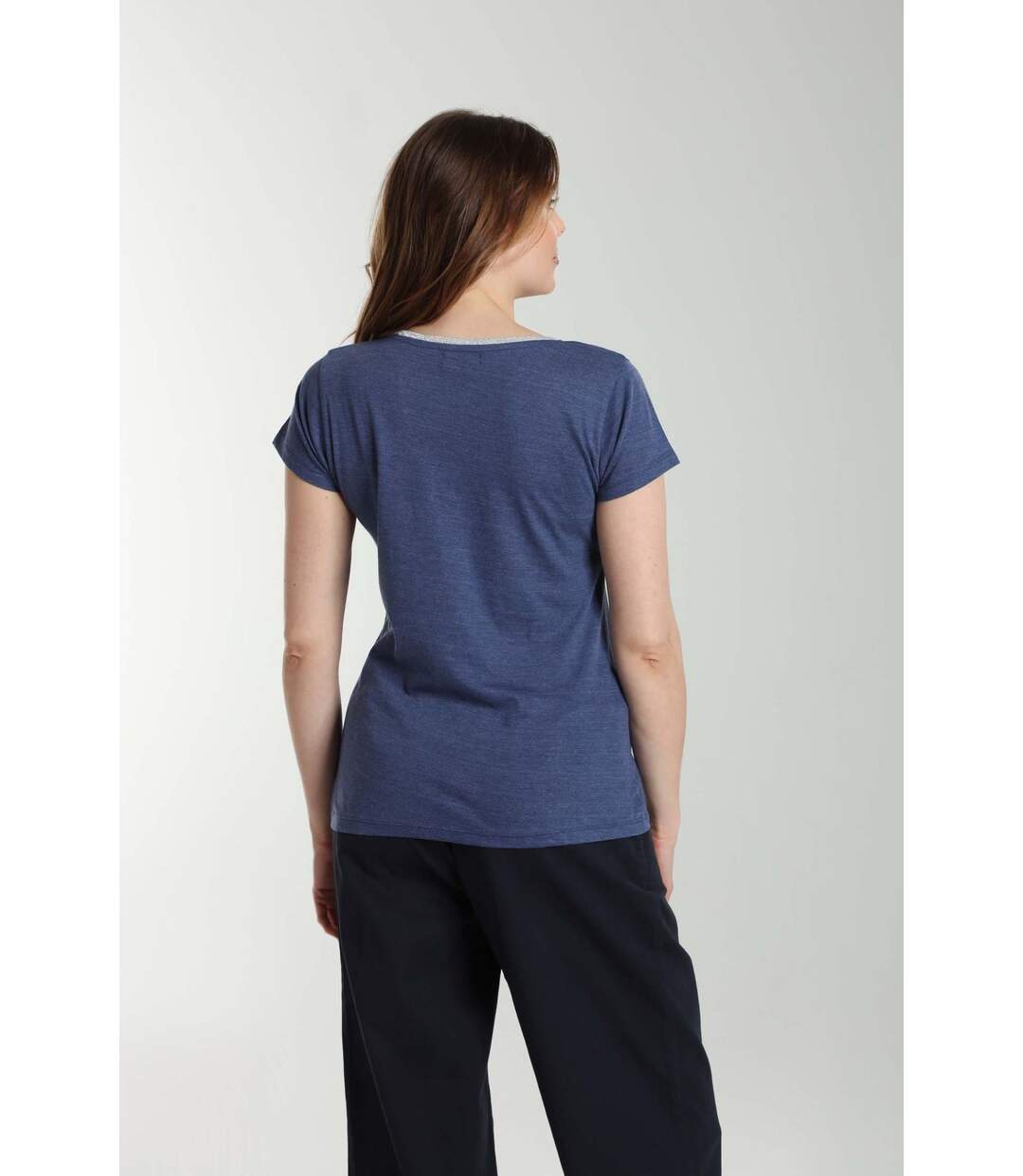 Tee Shirt Col V Lurex Manches Courtes Femme Tee Sun Twilight (marine) | Gerard Pasquier-5