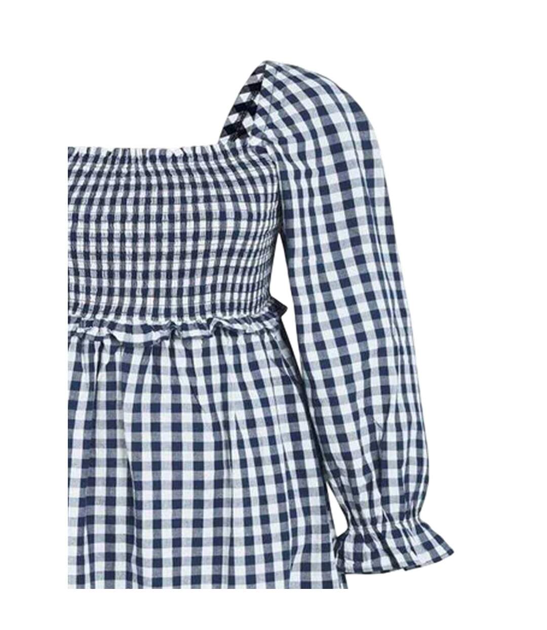 Robe Mi-longue Manches Longues Motif/style À Carreaux Femme Bleu Marine Blanc Miso-4