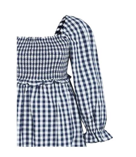 Robe Mi-longue Manches Longues Motif/style À Carreaux Femme Bleu Marine Blanc Miso