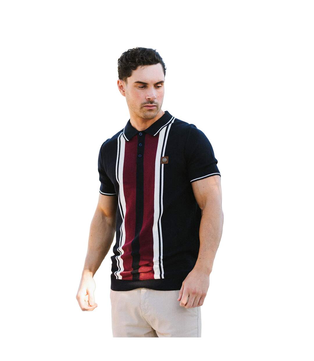 Mens Greco Striped Knitted Short-sleeved Polo Shirt Navy Lambretta-1