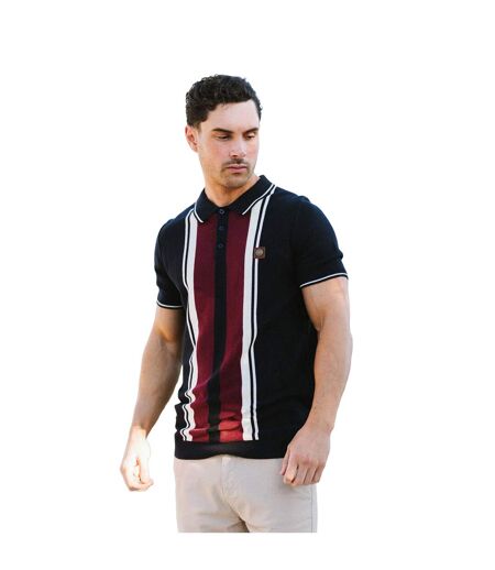 Mens Greco Striped Knitted Short-sleeved Polo Shirt Navy Lambretta