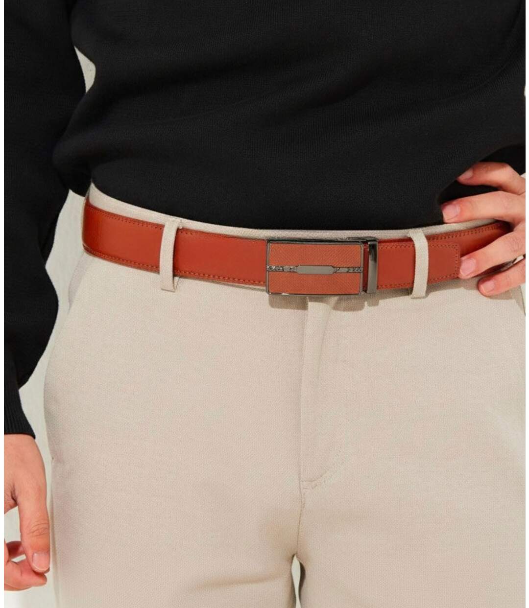Ceinture Chic en Cuir de couleur Cognac pour Hommes - Ajustable et Moderne-2