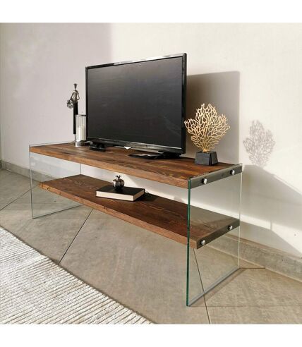 Meuble TV avec 2 étagères en bois de pin et sa structure en verre L.120cm x H.45cm - Marron clair