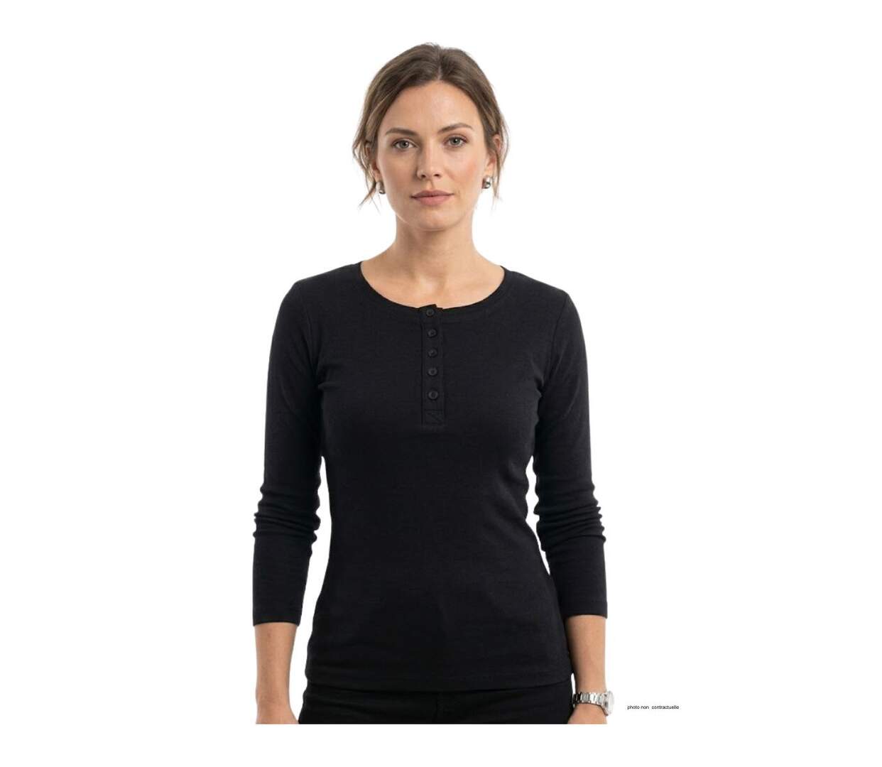 MAYFLOWER - Tee-shirt manches longues noir uni en viscose stretch avec col à 4 boutons-1