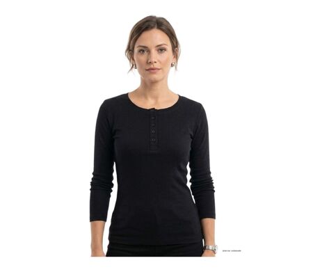 MAYFLOWER - Tee-shirt manches longues noir uni en viscose stretch avec col à 4 boutons