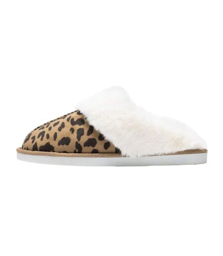 Chaussons Duveteux Style Mules Motif Imprimé Léopard Tulsy Femme Beige Foncé Marron Sombre Léopard Regatta
