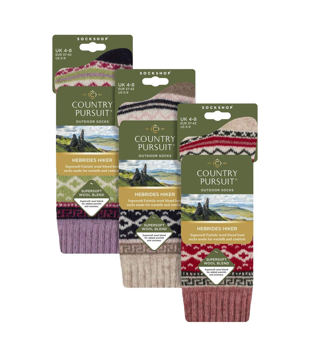3 Pairs Ladies Wool Blend Hiking Socks Cushioned Thermal Fairisle Boot Socks-2