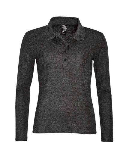 SOLS Womens/Ladies Podium Long Sleeve Pique Cotton Polo Shirt (Charcoal Marl)