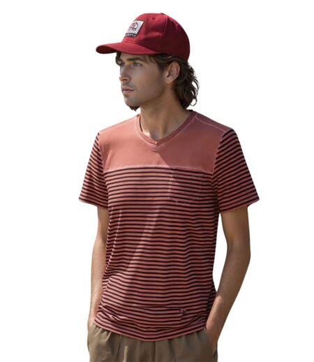 Tee-shirt homme Rouge - Col V - Manches courtes 100% coton Coupe ajustée et rayures