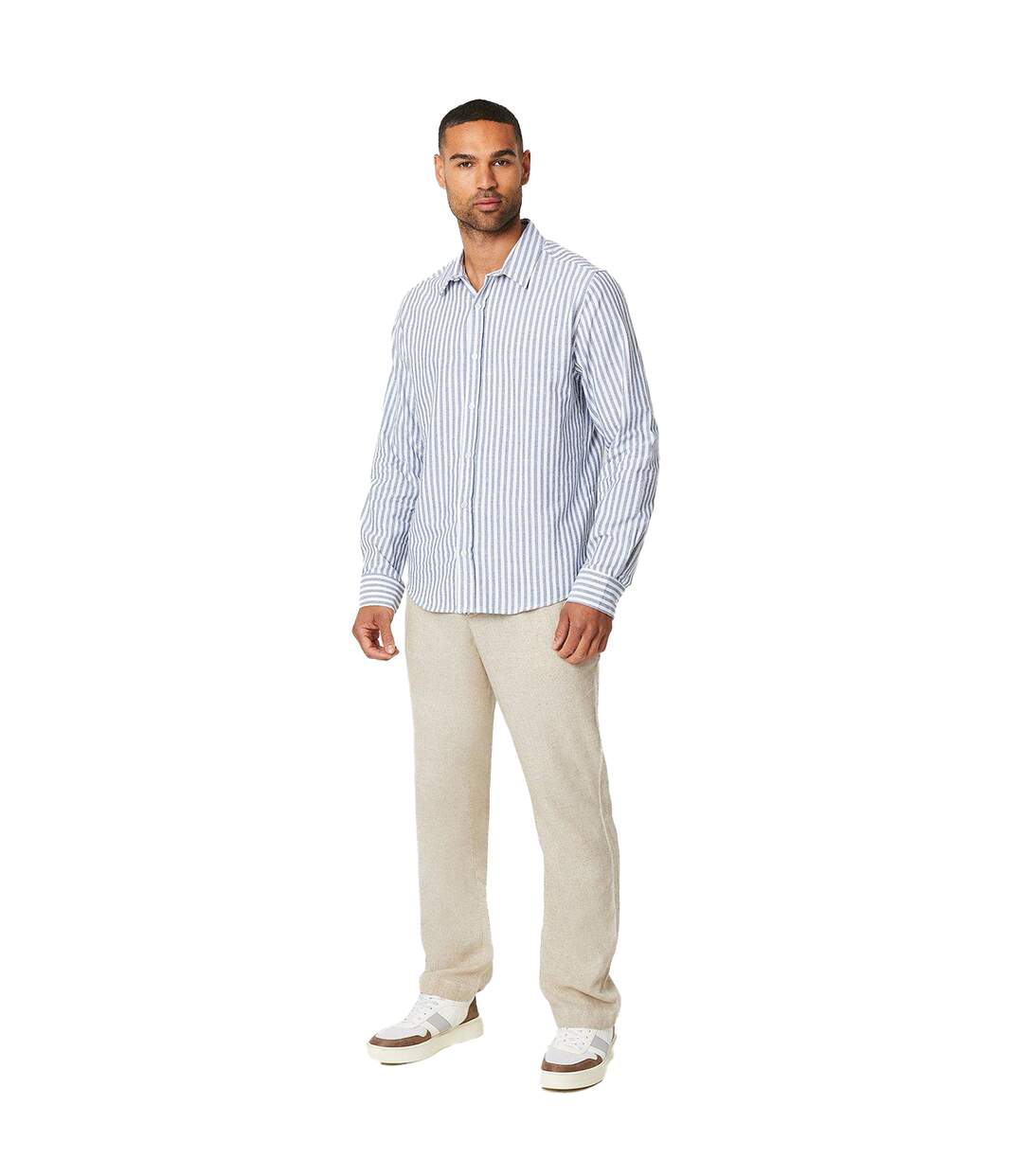 Mens stripe linen long-sleeved shirt navy Burton-4