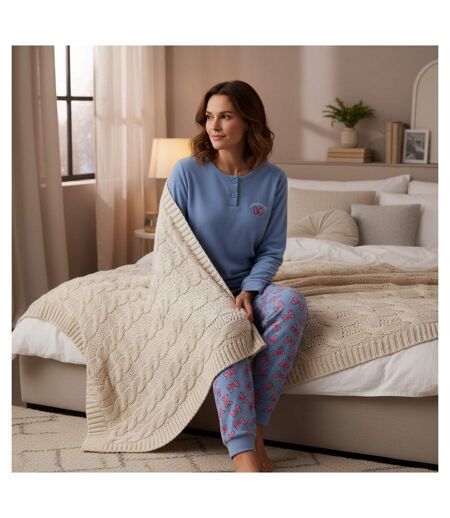 OZABI Ensemble Pyjama Femme Coton Doublé Polaire Broderie Lurex