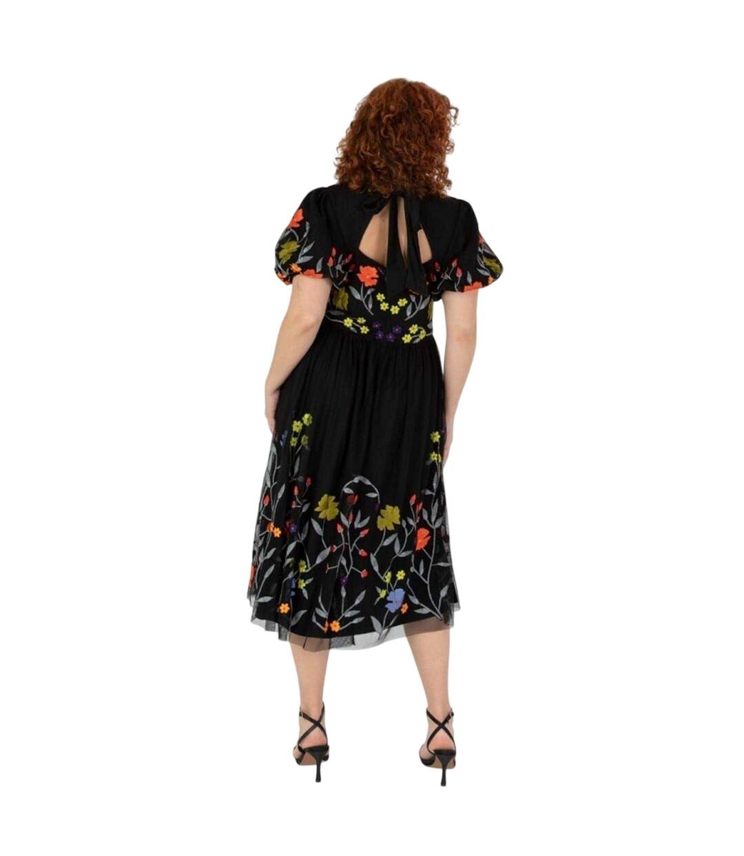 Robe Mi-longue Manches Bouffantes Motif/style Floral Femme Noir Maya Deluxe-3