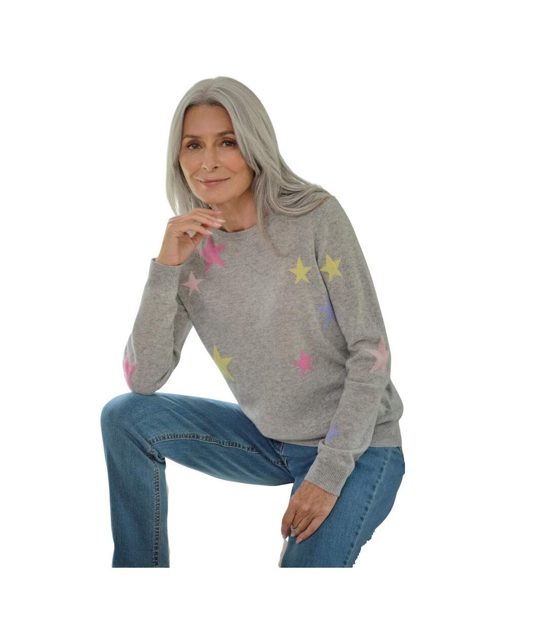 Womens/ladies Star Cashmere Merino Crew Neck Jumper Grey WoolOvers-1