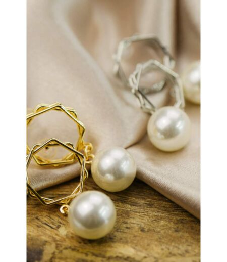 Silver Hexagon Freshwater Single White Large Pearl Dainty Drop Dangle Stud Earring