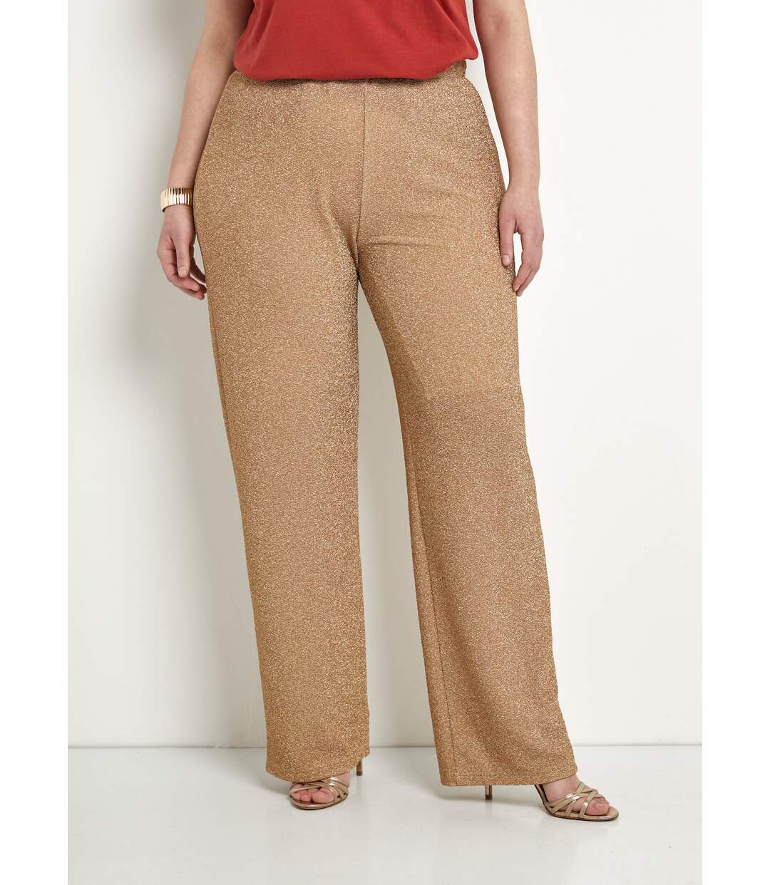 Pantalon large brillant doré ceinture élastiquée-1