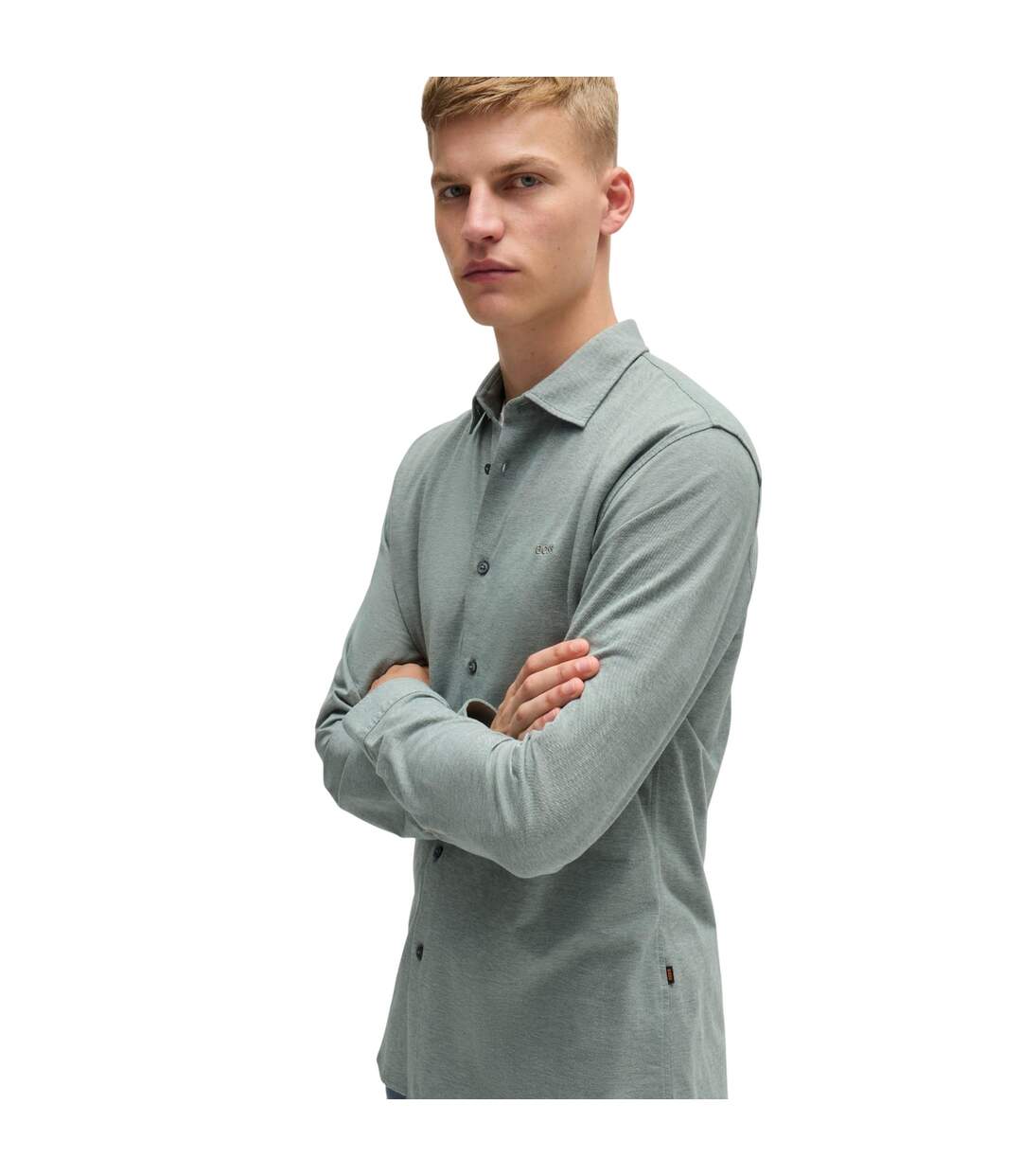 Mens Embroidered Branded Slim Shirt Green Boss-4