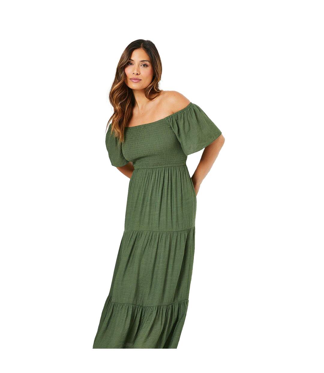 Womens ladies shirred bodice midi dress khaki green Principles