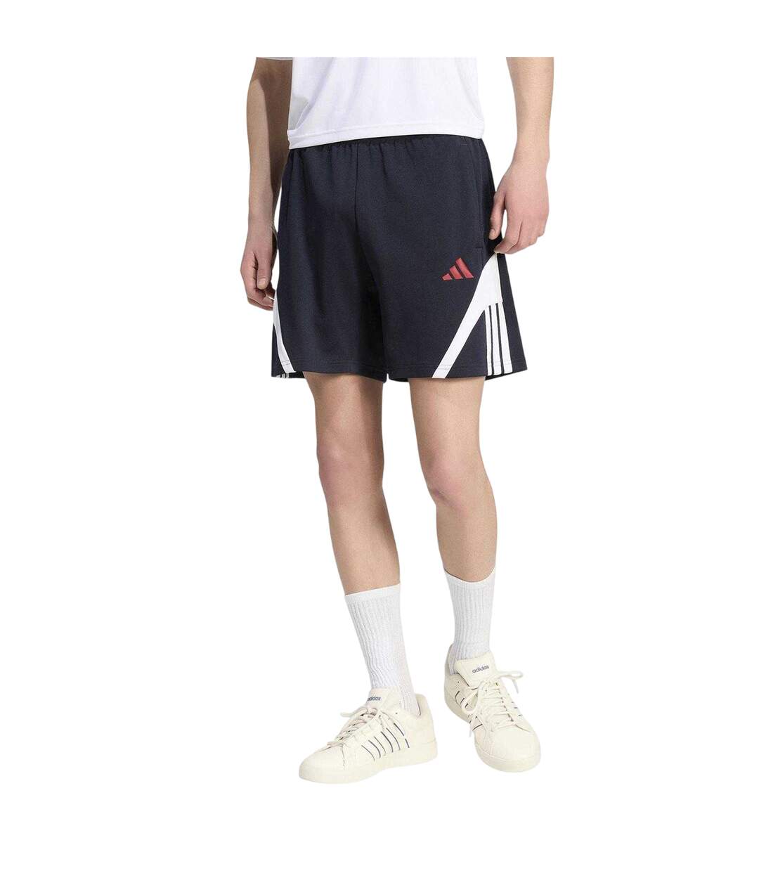 Mens Fleece Striped Track Shorts Navy Red Adidas-3