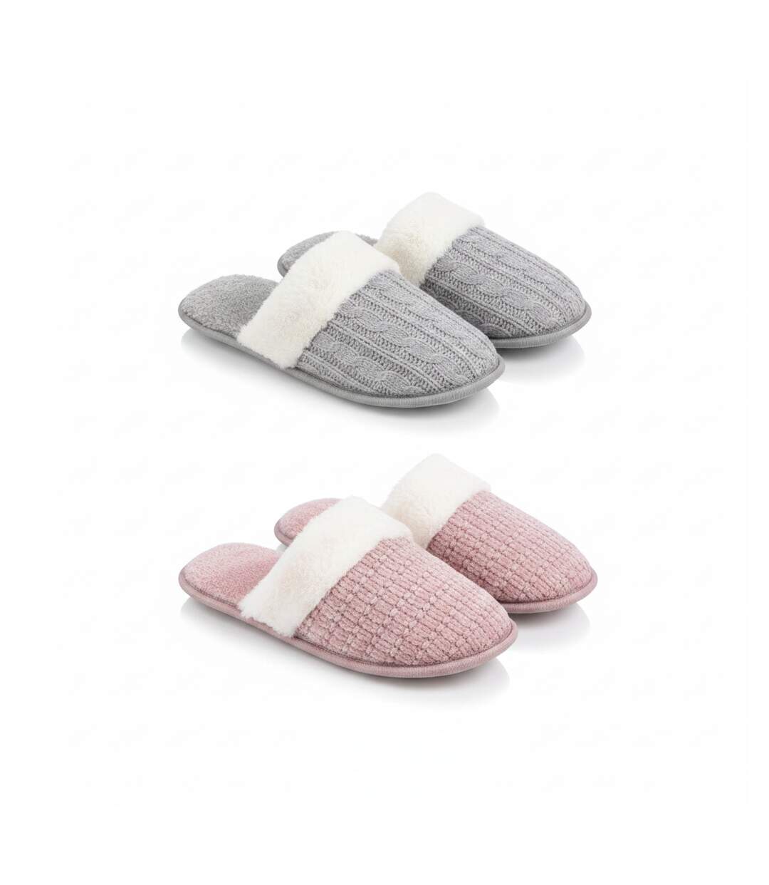 OZABI Pack 2 Paires Mules Femme Tricot Torsadé Bord Fausse Fourrure-3