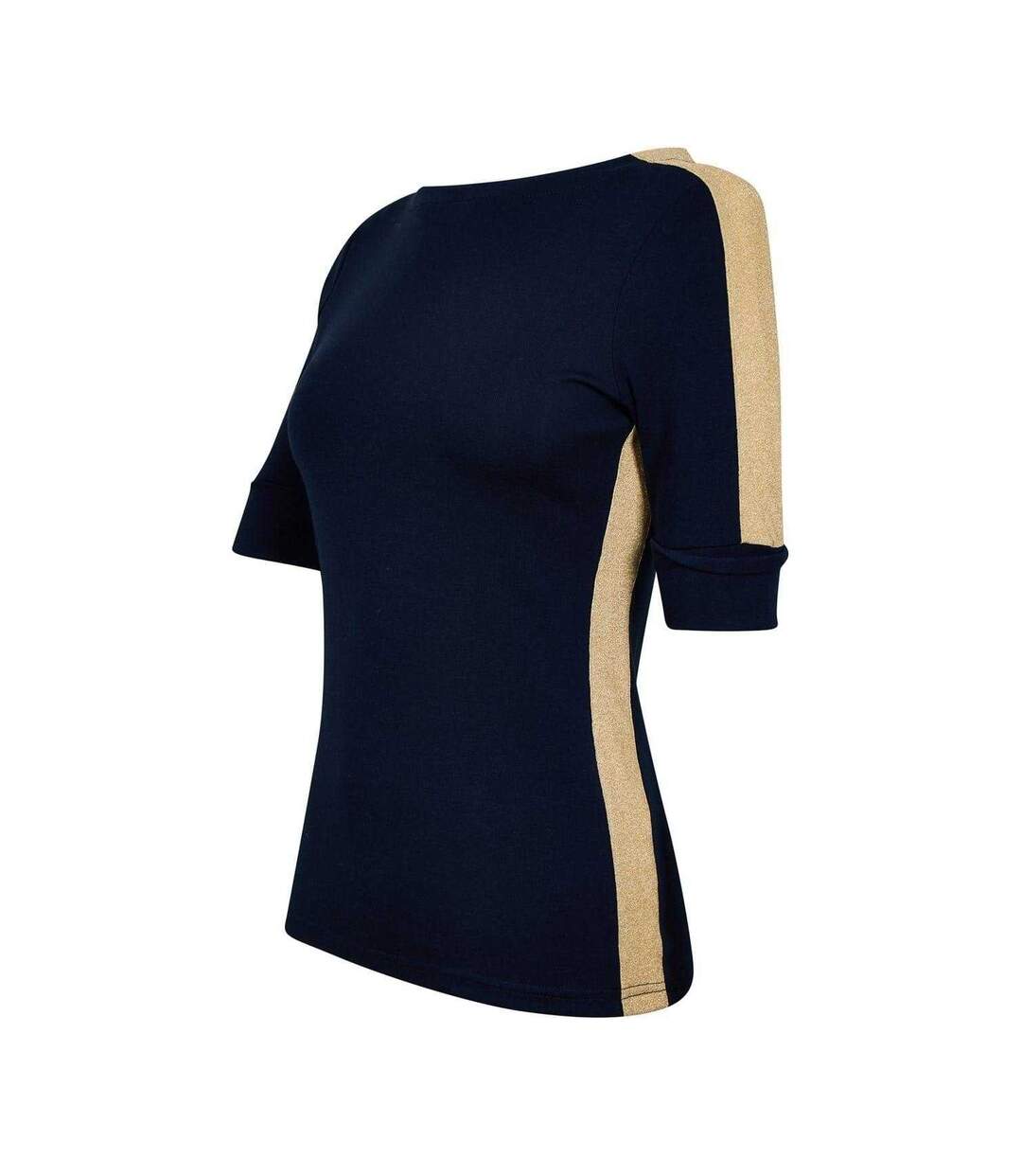 Womens/ladies Contrast Striped Cotton 3/4 Sleeve T-shirt Navy Gold Ralph Lauren-3