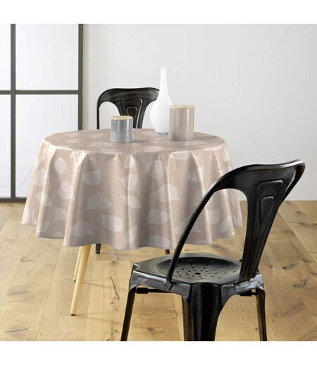 Nappe Toile Cirée Ronde Feuillys 160cm Beige Lin & Blanc