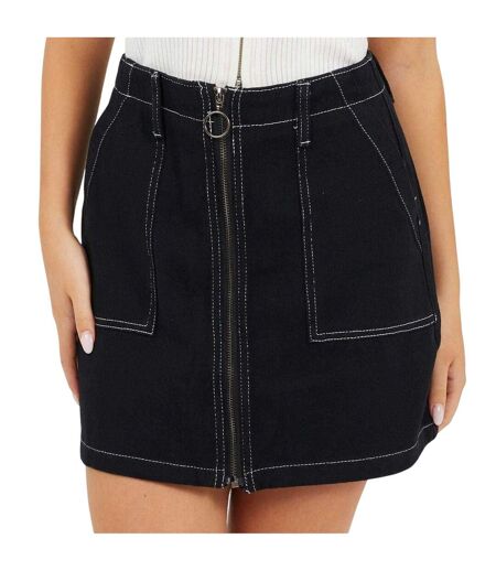Womens/ladies Denim Full Zip High Waist Mini Skirt Black White Brave Soul