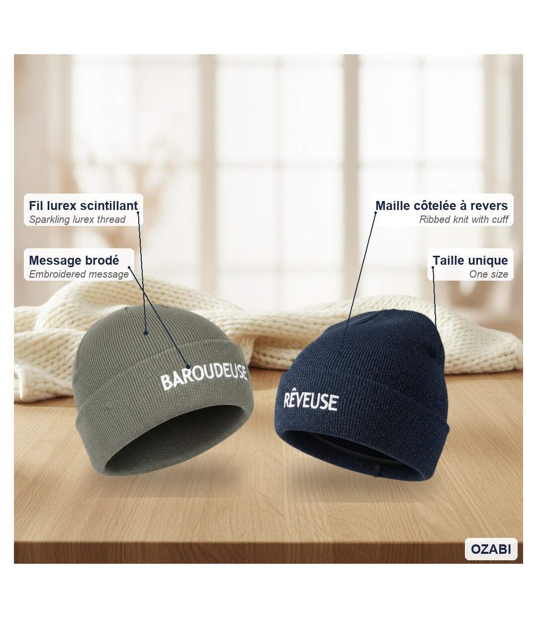 OZABI Bonnets Femme Fil Lurex Pailleté Message Brodé - Pack de 2 (Lot)-5
