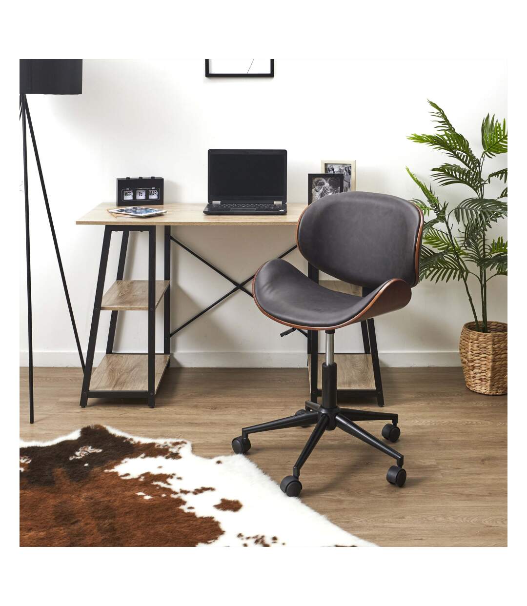 Chaise de bureau bois et PU à roulettes Reno-2