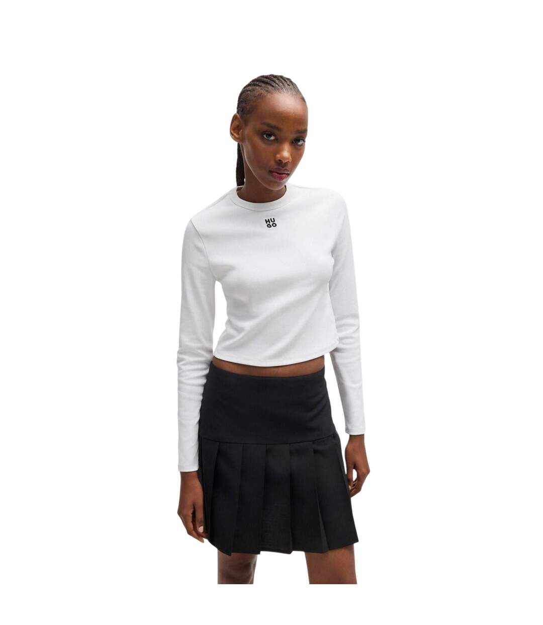 Womens/ladies Logo Slim Long-sleeved Crop T-shirt White Hugo-4